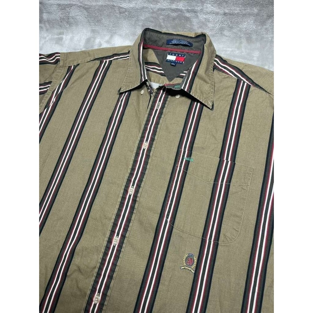 Vintage Tommy Hilfiger Button Down Shirt Men XL Brown Long Sleeve Khaki